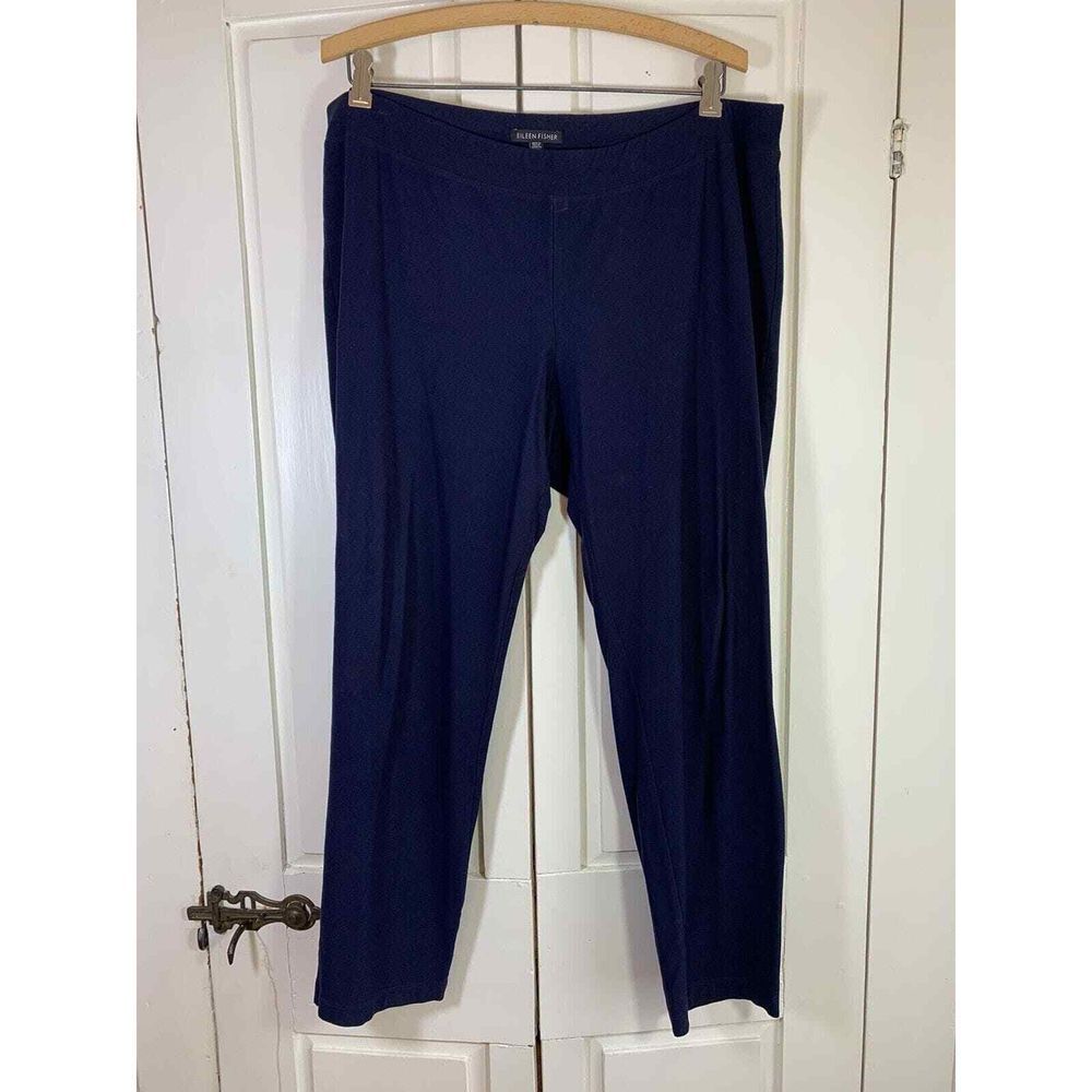Eileen Fisher Blue Pull On Pants Womens Large Straight Leg Elastic Waist Stretch